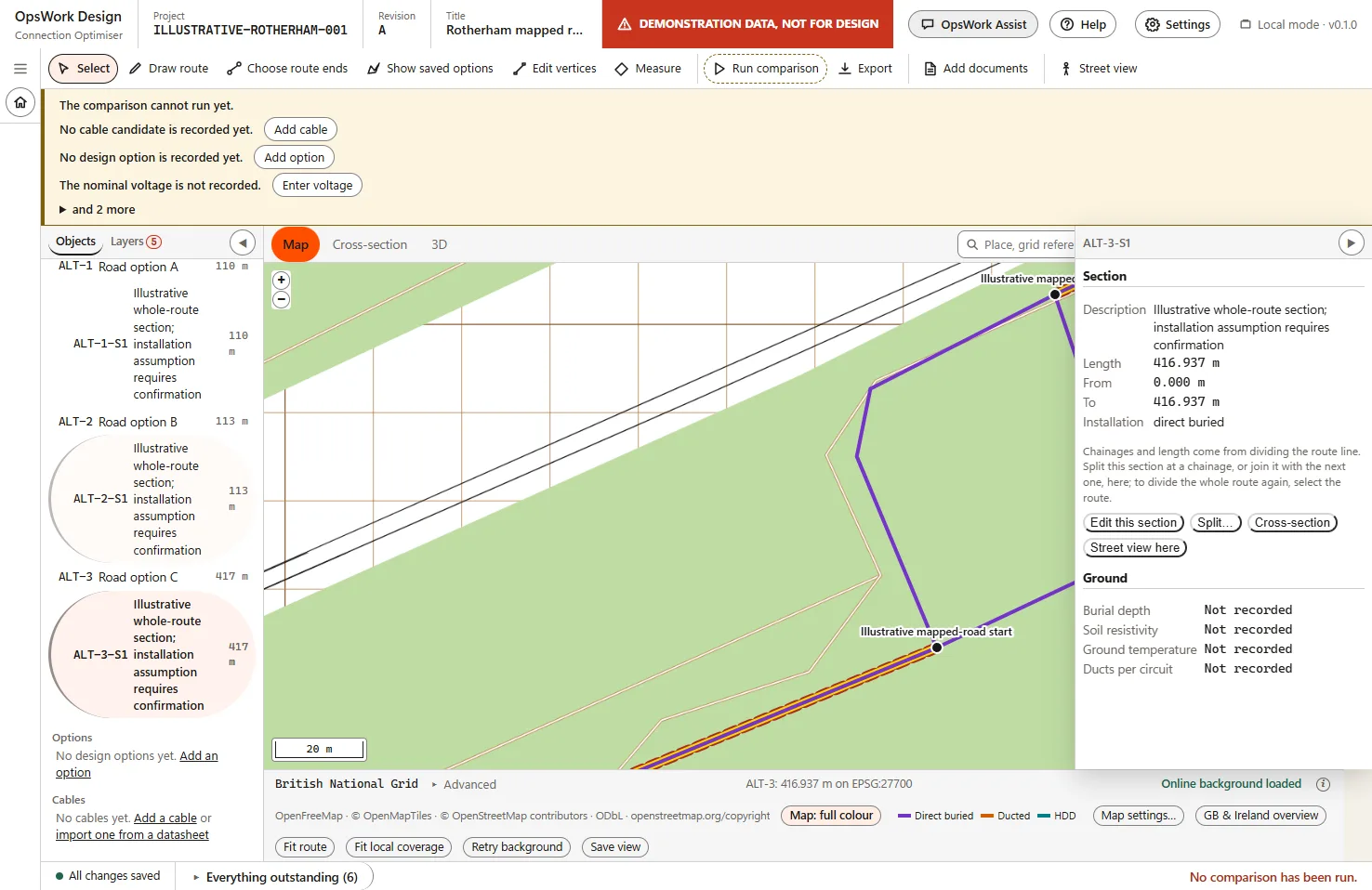 HVCO screen with an invented demonstration project: three illustrative road route options on a public map, one route section selected, its length shown and its ground values marked Not recorded.